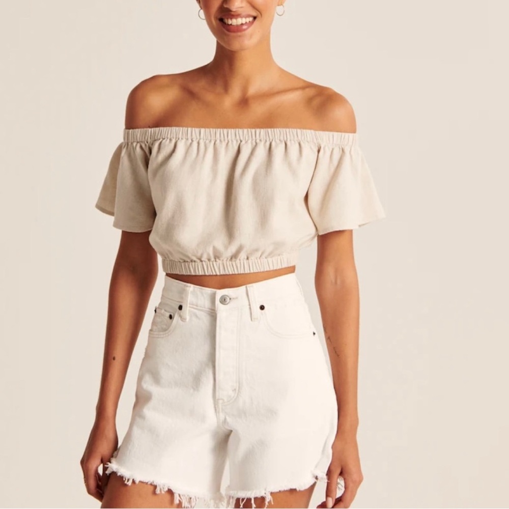 NWT Abercrombie & Fitch Off Shoulder Linen Blend Top XS Neutral